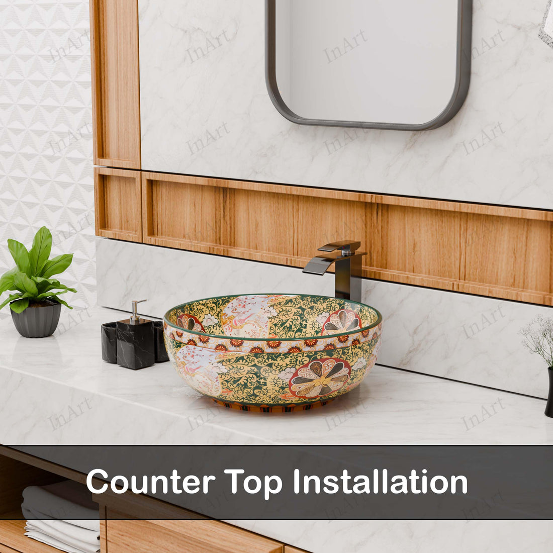 InArt Vessel Sinks for Bathrooms 16.5" – Ceramic, Glossy Green, Patterned Glaze