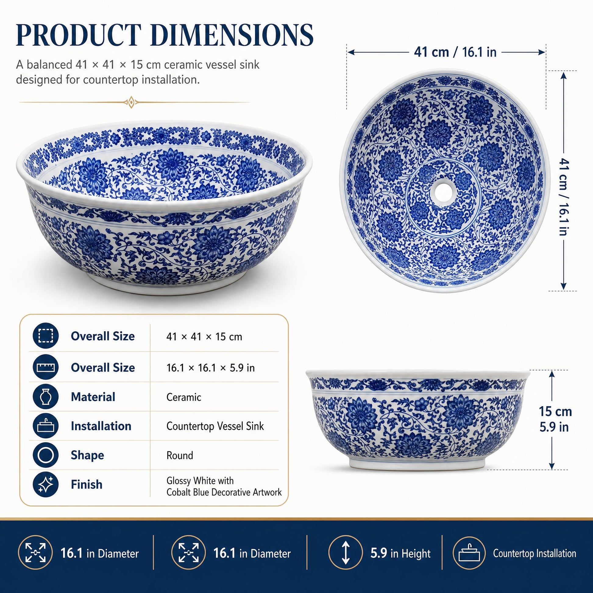 White and Cobalt Blue Round Porcelain Ceramic vessel bathroom sink, additional product view 8