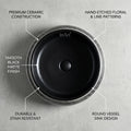 Modern bathroom vanity setup with round bathroom sink bowl, black ceramic vessel sink centerpiece