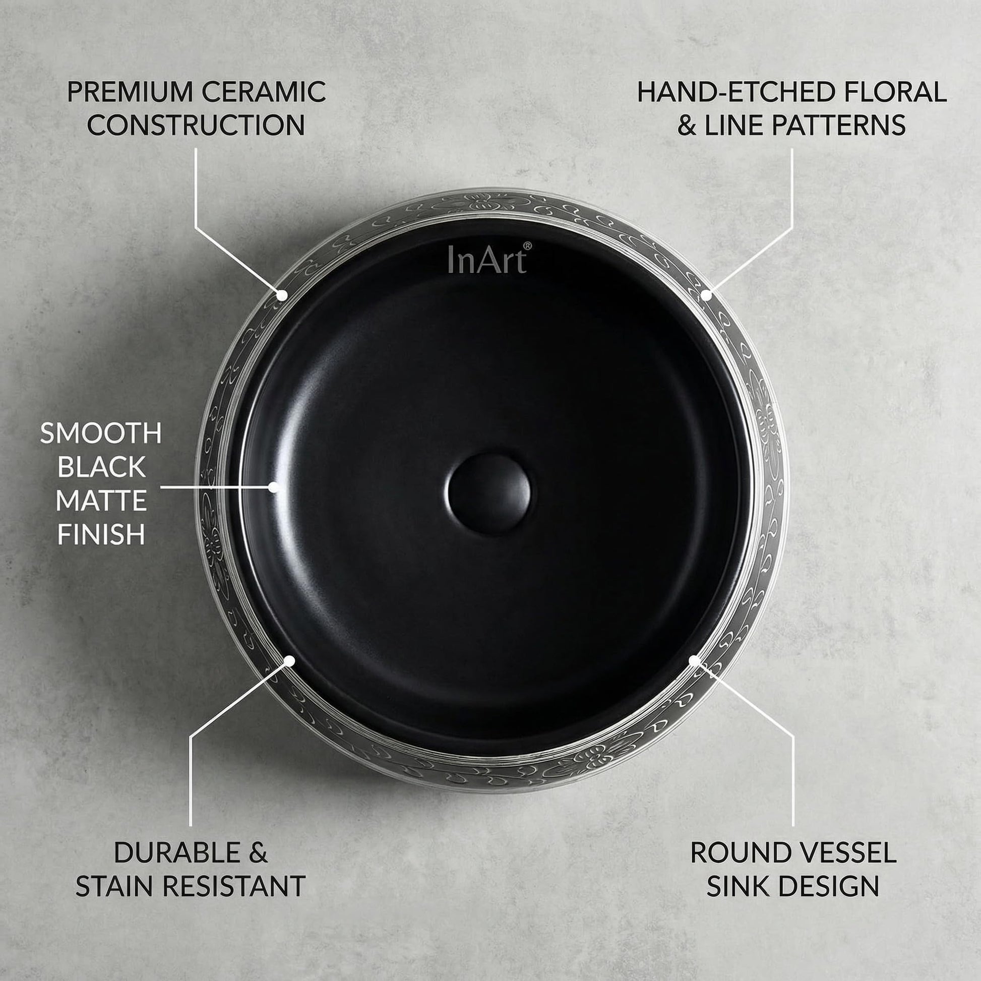 Modern bathroom vanity setup with round bathroom sink bowl, black ceramic vessel sink centerpiece
