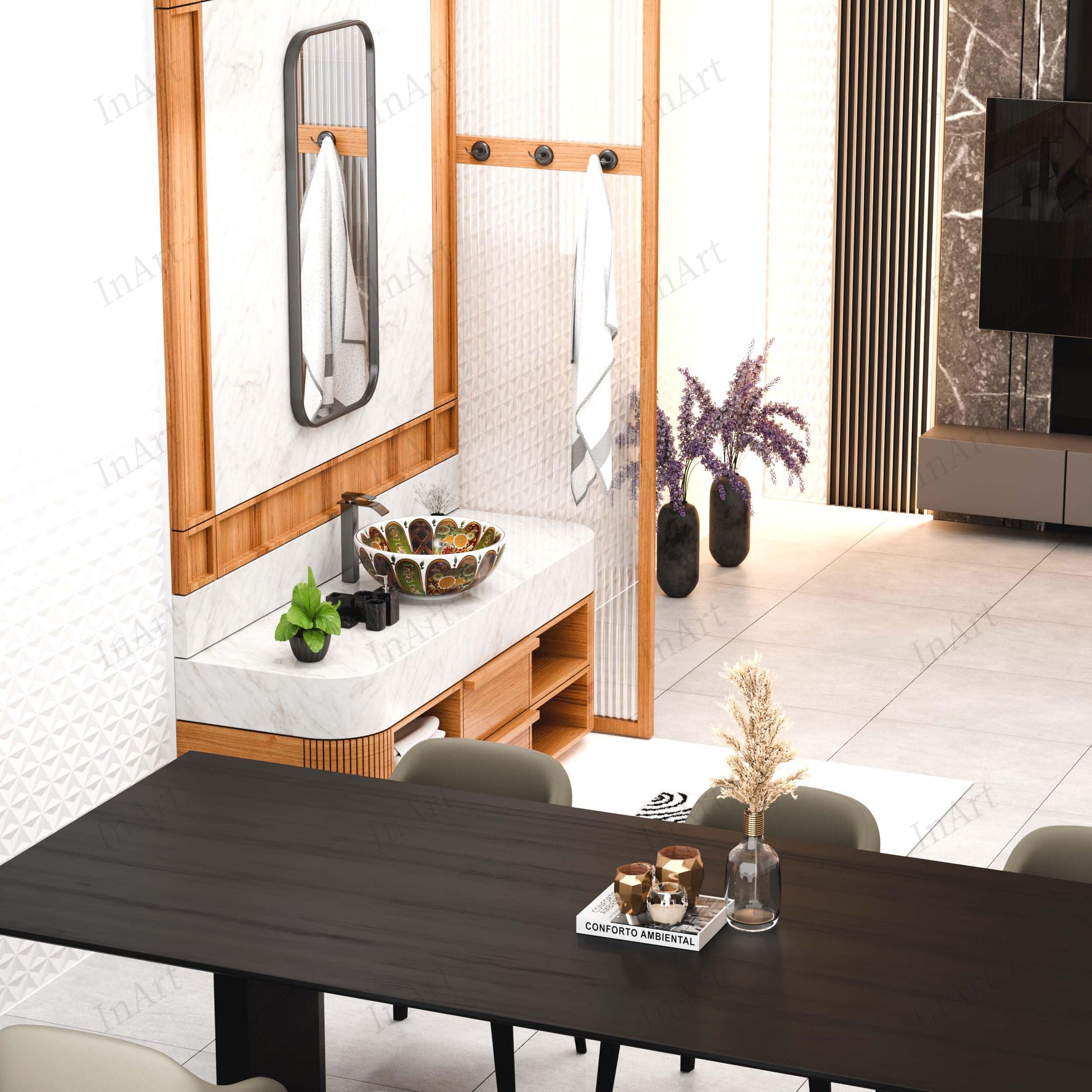 Above counter bowl sink in modern bathroom setting, multicolor Moroccan ceramic round basin for home or hotel