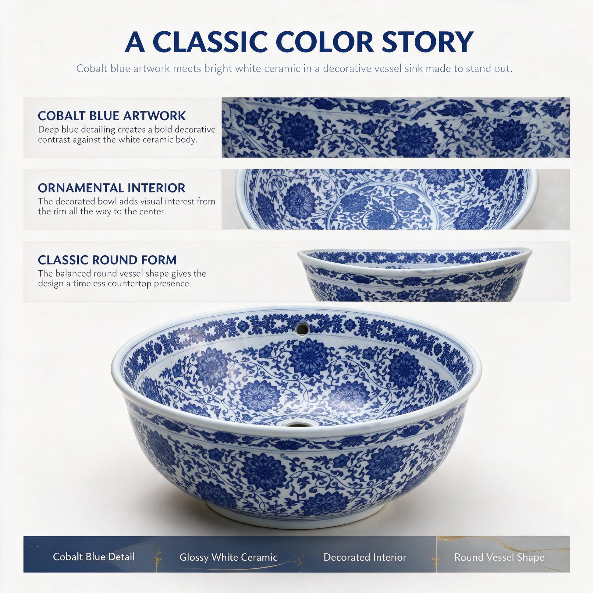 White and Cobalt Blue Round Porcelain Ceramic vessel bathroom sink, additional product view 5