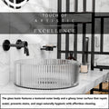 Glass sink bowls for bathrooms, top-down view of round transparent glass bowl sink with wide opening