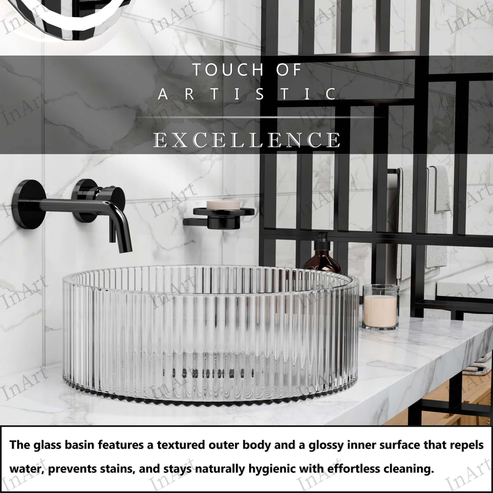 Glass sink bowls for bathrooms, top-down view of round transparent glass bowl sink with wide opening