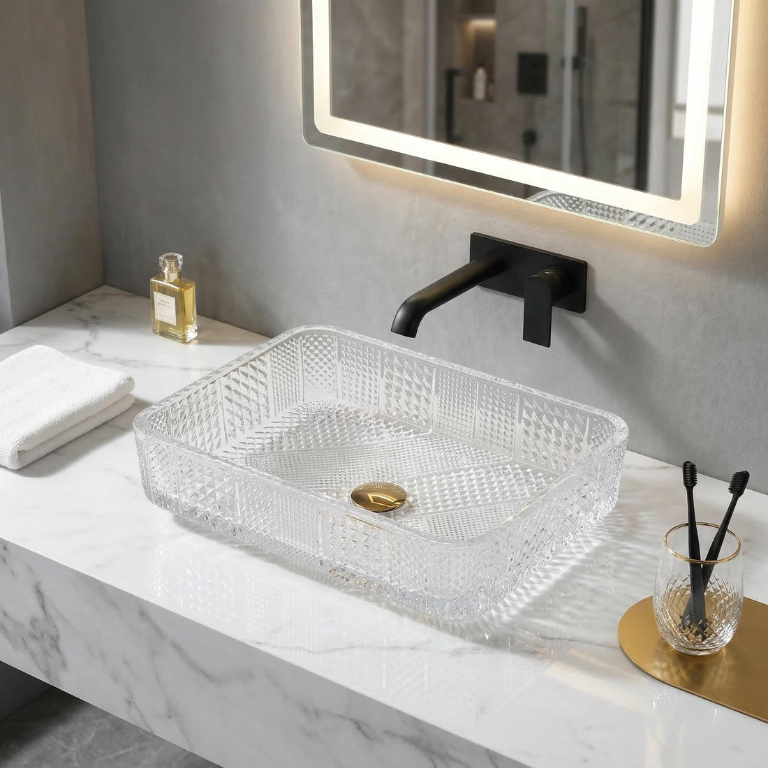 InArt Clear Rectangular Crystal Glass Vessel Sink for Countertop Bathrooms, 17.5 Inch