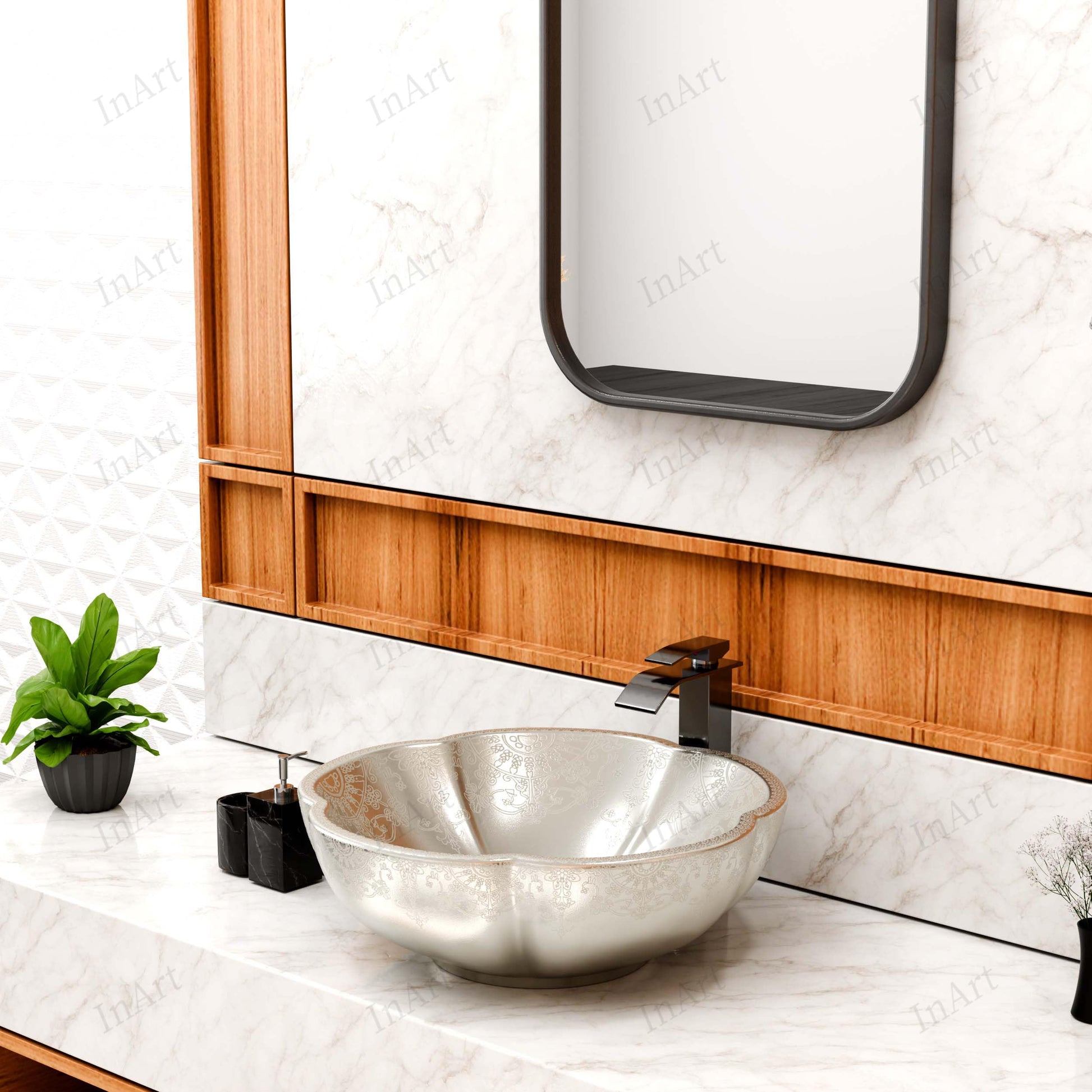 Ceramic round sink rim and bowl depth detail, silver vessel sink for bathroom vanity