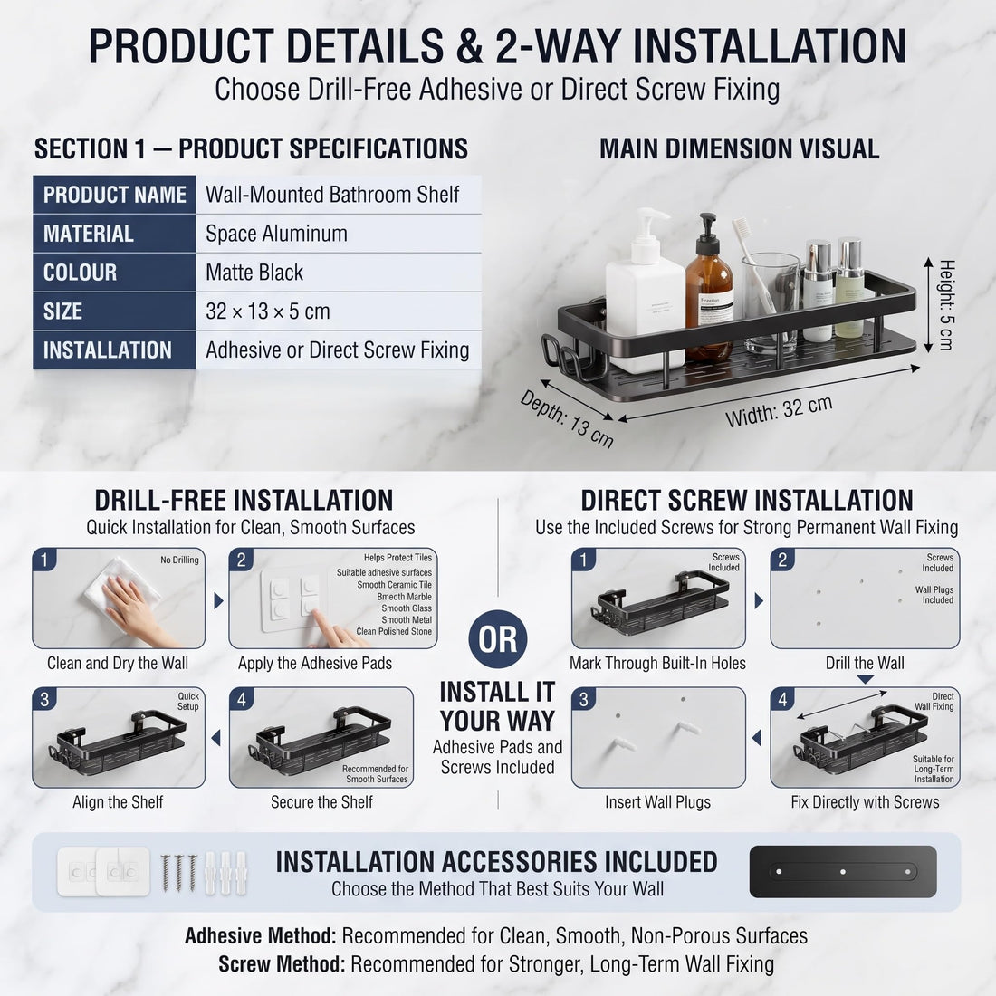 InArt two-pack matte black aluminum shower shelves with side hooks