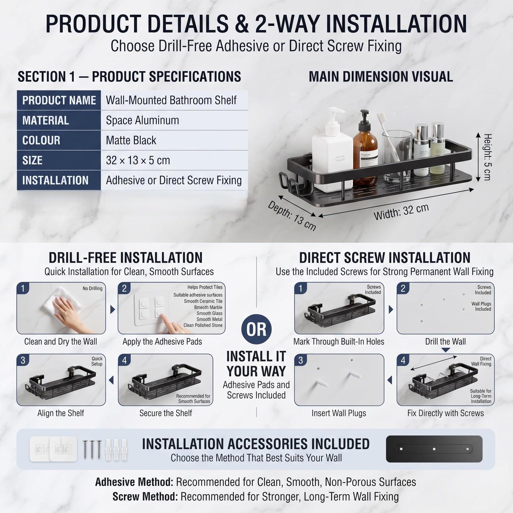 Matte black bathroom shelves with two side hooks on each shelf