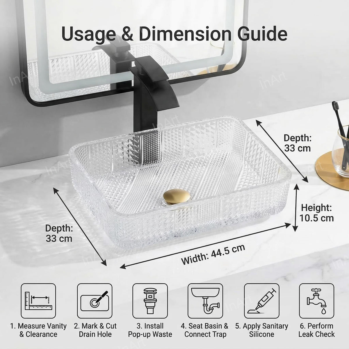 InArt Clear Rectangular Crystal Glass Vessel Sink for Countertop Bathrooms, 17.5 Inch, additional product view 6