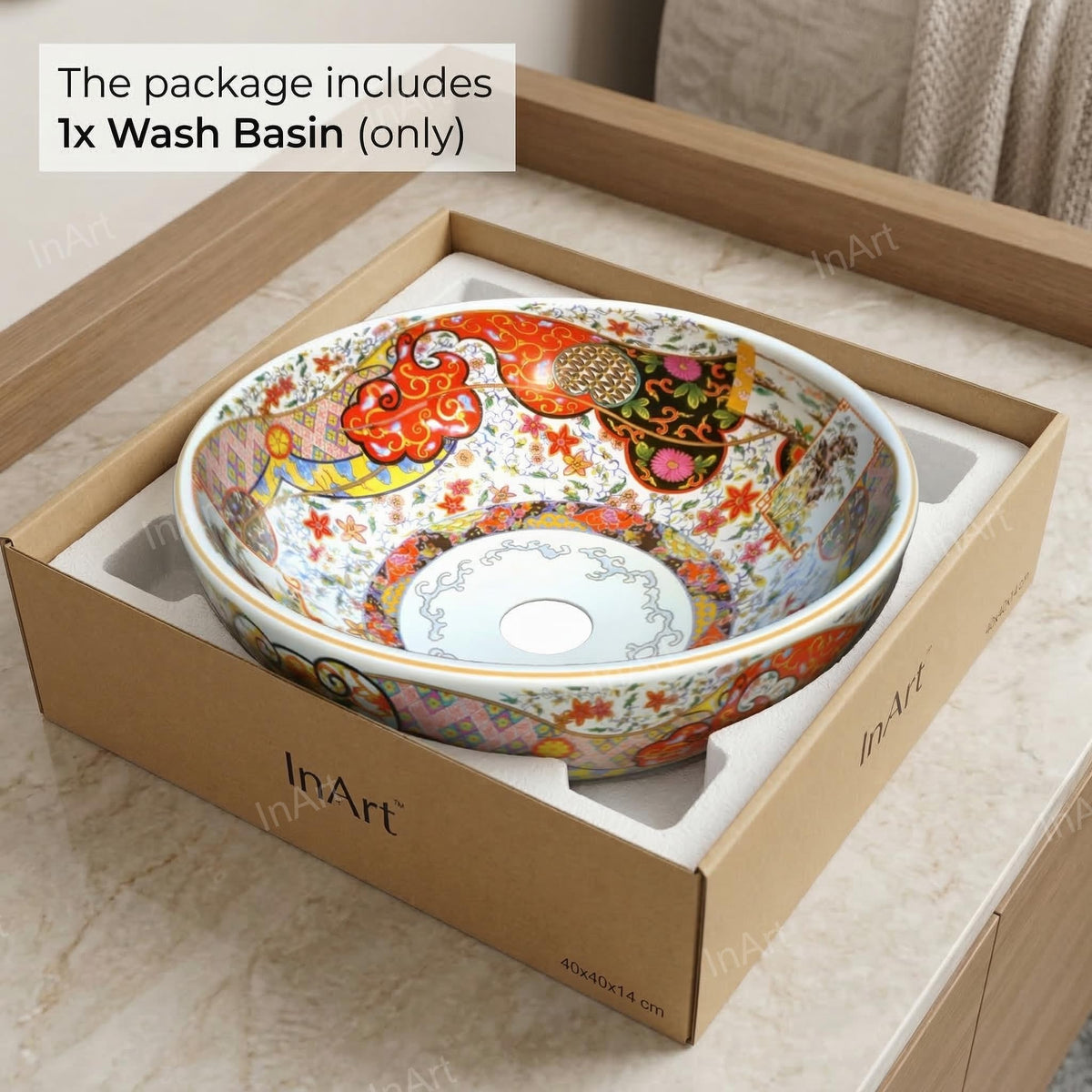 InArt Glossy Moroccan Ceramic Round Vessel Sink – Decorative Pattern, 15.75", additional product view 8