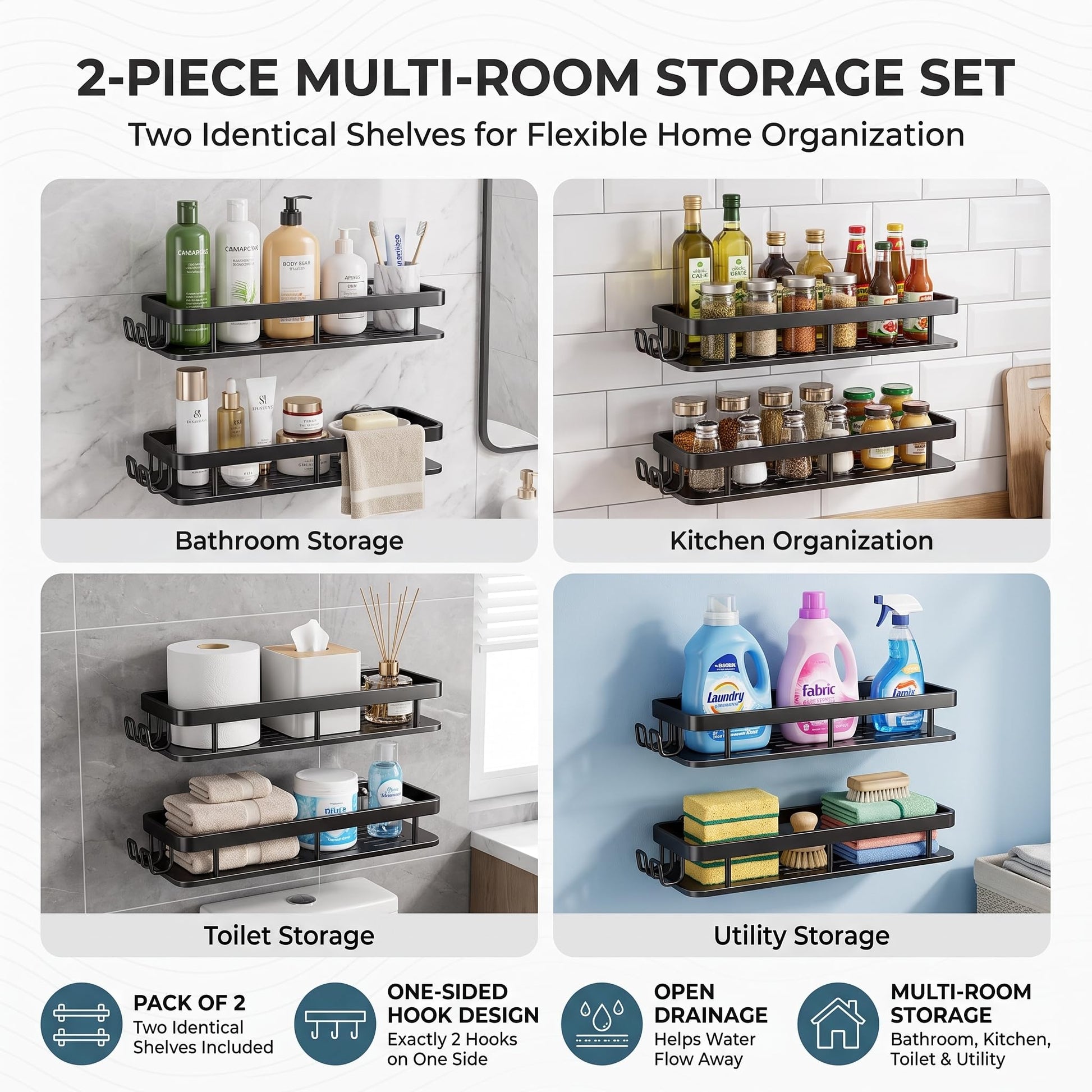 Matte black shower caddy shelf and side-hook construction details