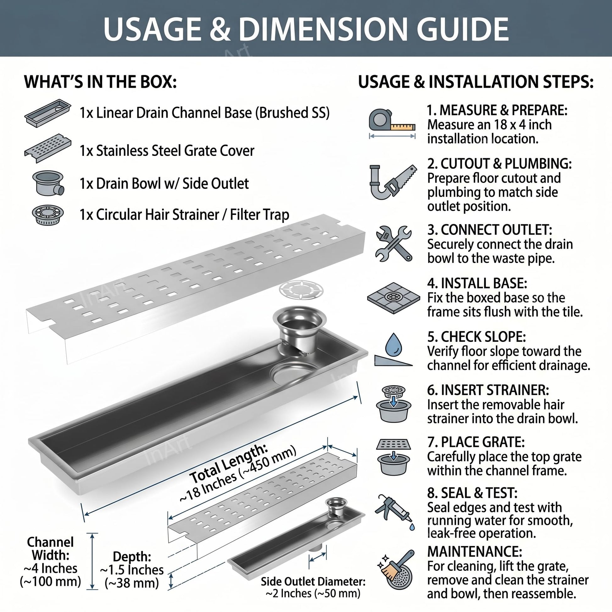 InArt Square Linear Stainless Steel Shower Drain Channel with Grate, 18 x 4 Inch, additional product view 6