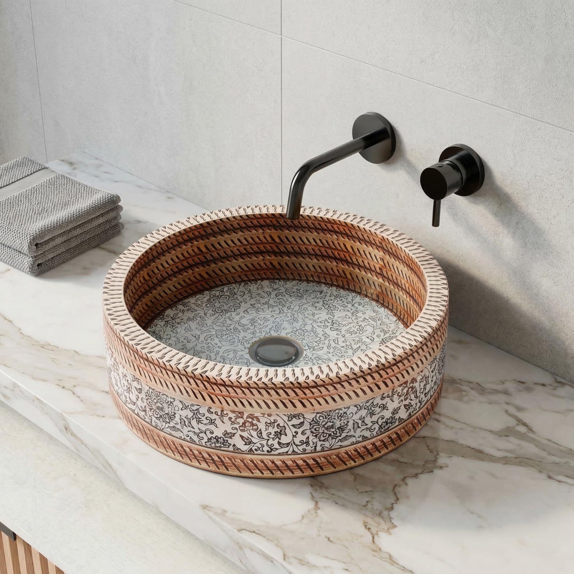InArt Satin Patterned Ceramic Round Vessel Sink – Above Counter, 16" Moroccan Floral