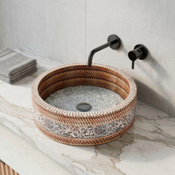 InArt Satin Patterned Ceramic Round Vessel Sink – Above Counter, 16" Moroccan Floral