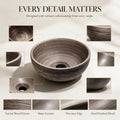 Close-up views of the vessel sink rim, drain opening, wood-grain texture, and matte finish