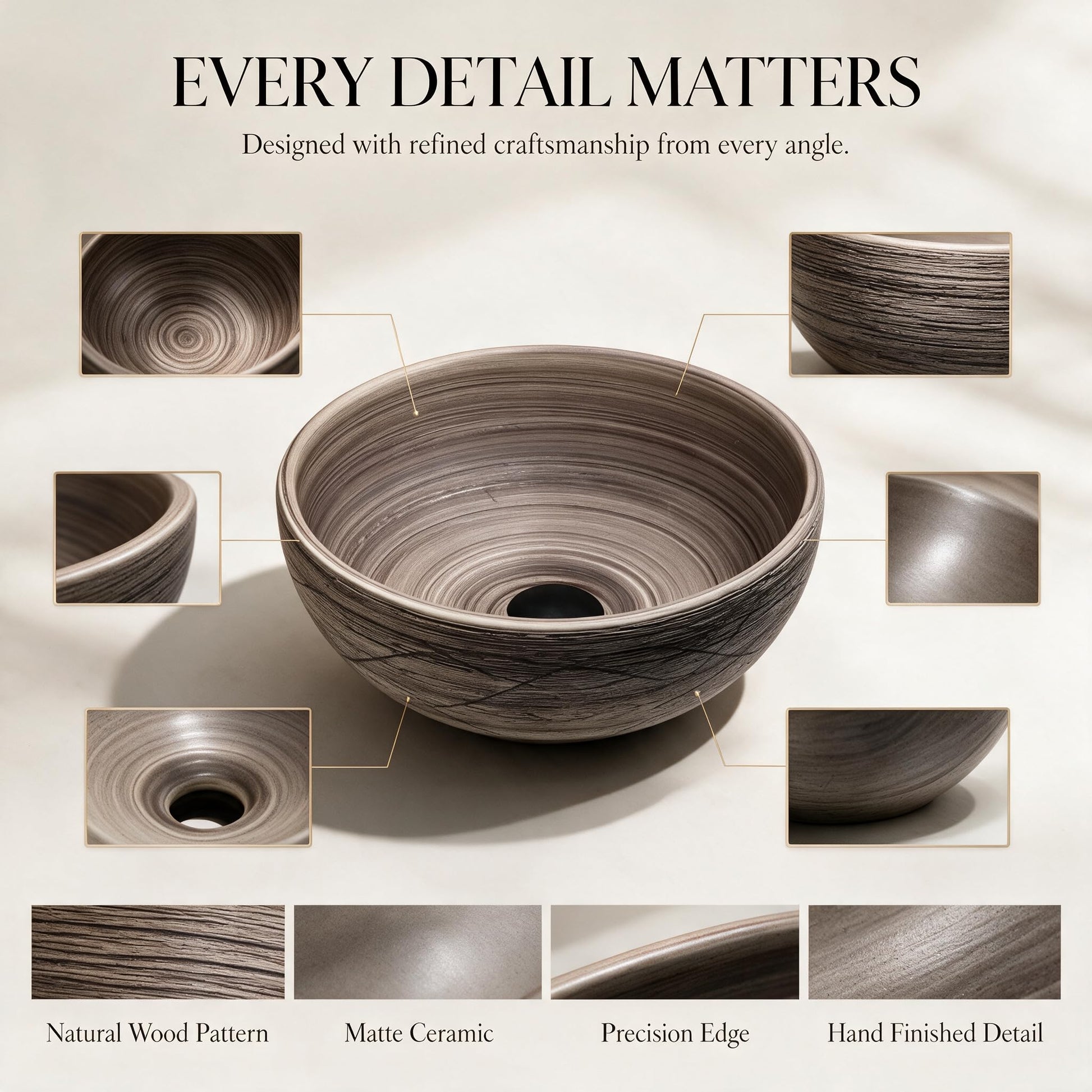Close-up views of the vessel sink rim, drain opening, wood-grain texture, and matte finish