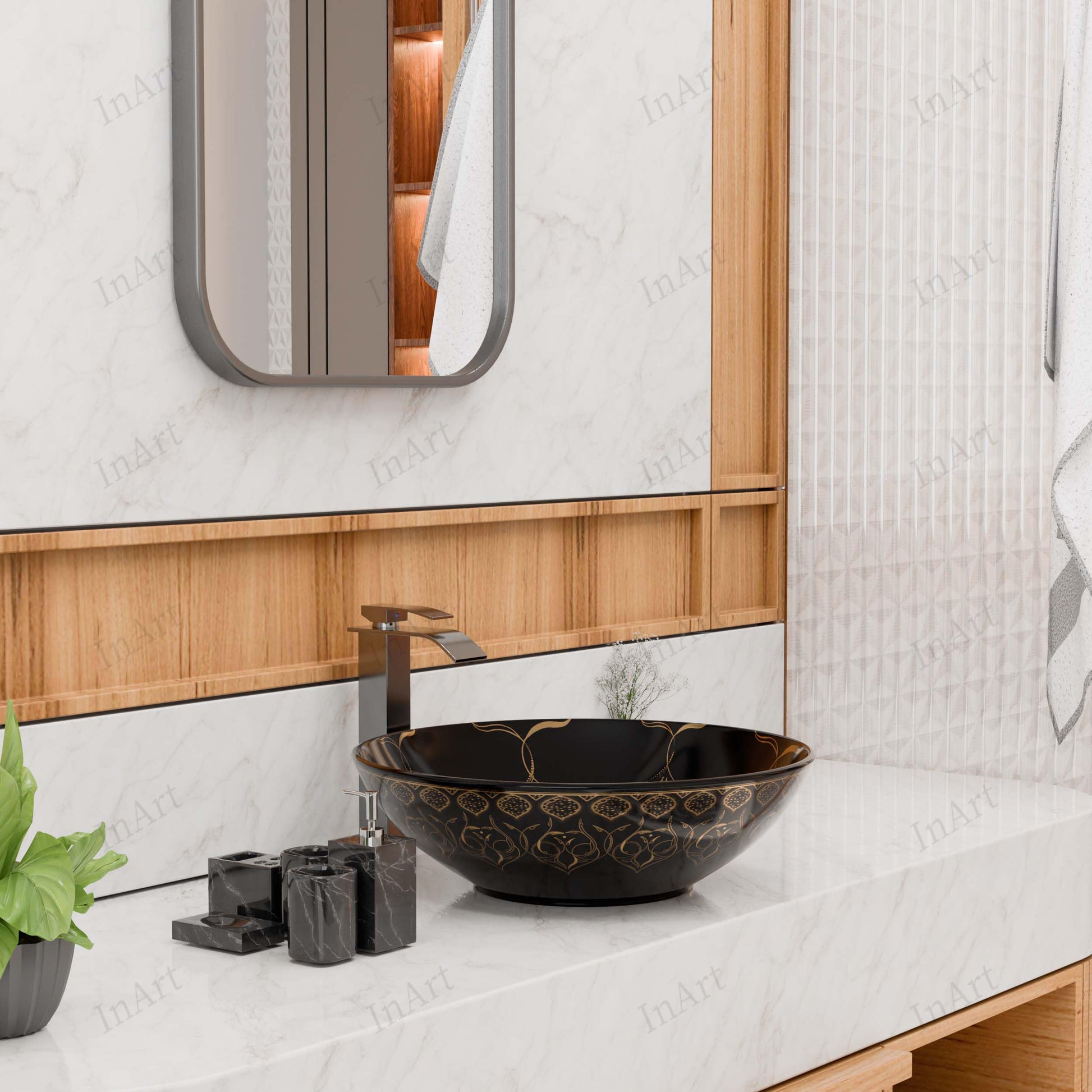 InArt Round Bathroom Ceramic Vessel Sink Art Basin in Black Gold Color, additional product view 6