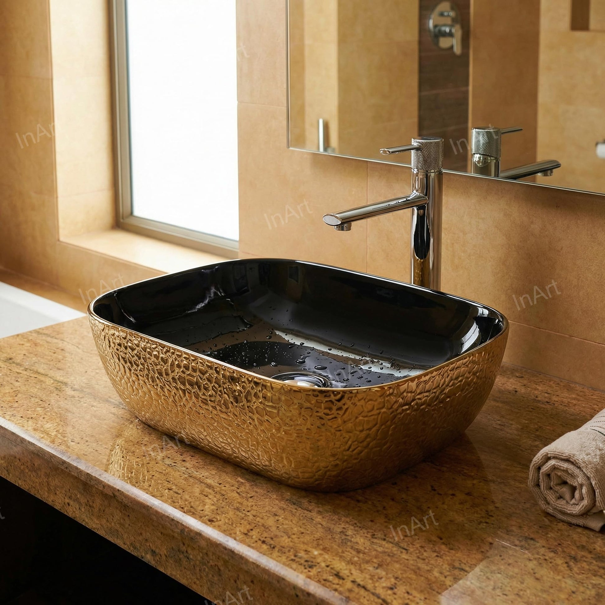 InArt leather pattern finish detail on black and gold ceramic rectangular vessel sink for bathroom vanity