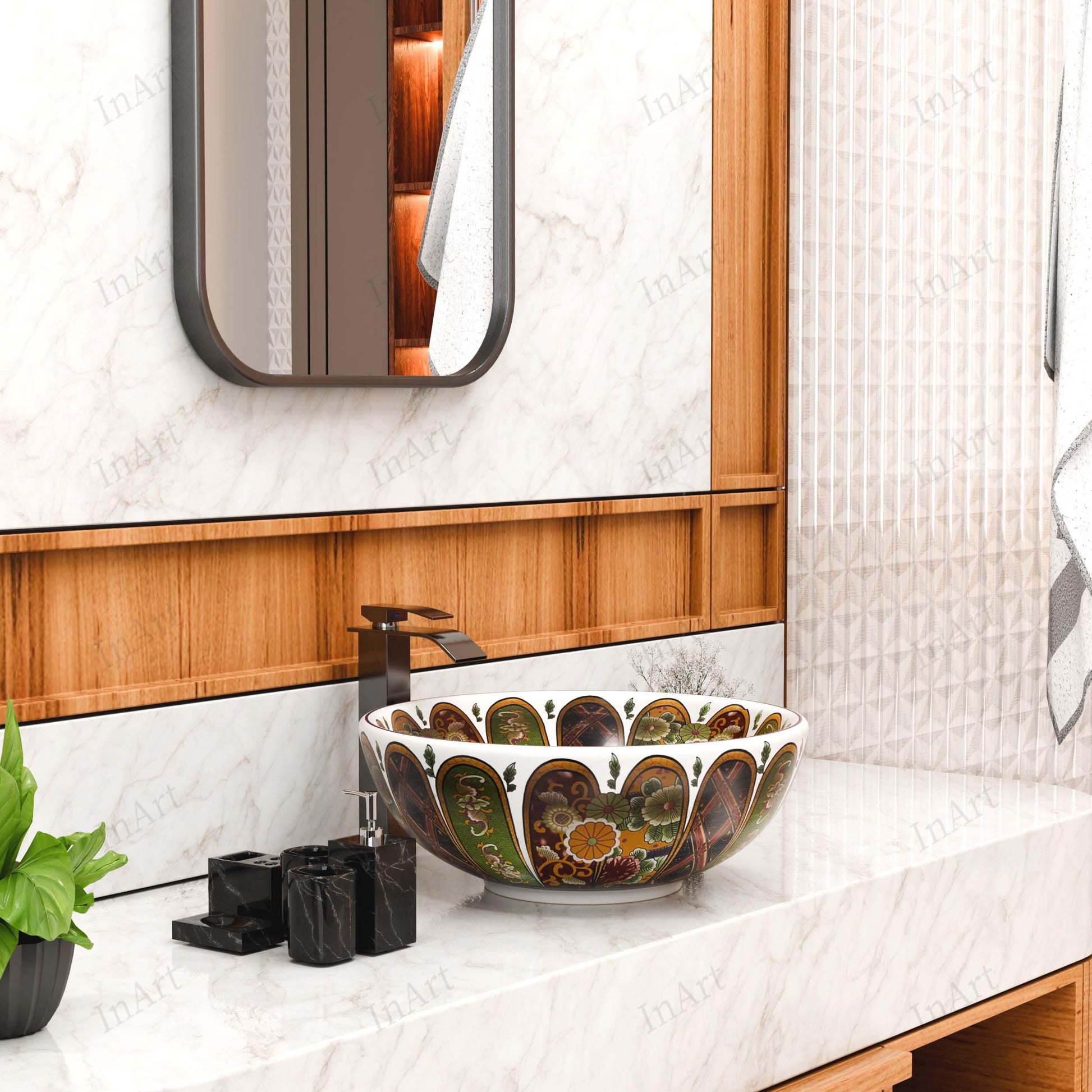Round sink bowls for bathroom, ceramic vessel round sink showing wide rim and deep bowl for above counter use