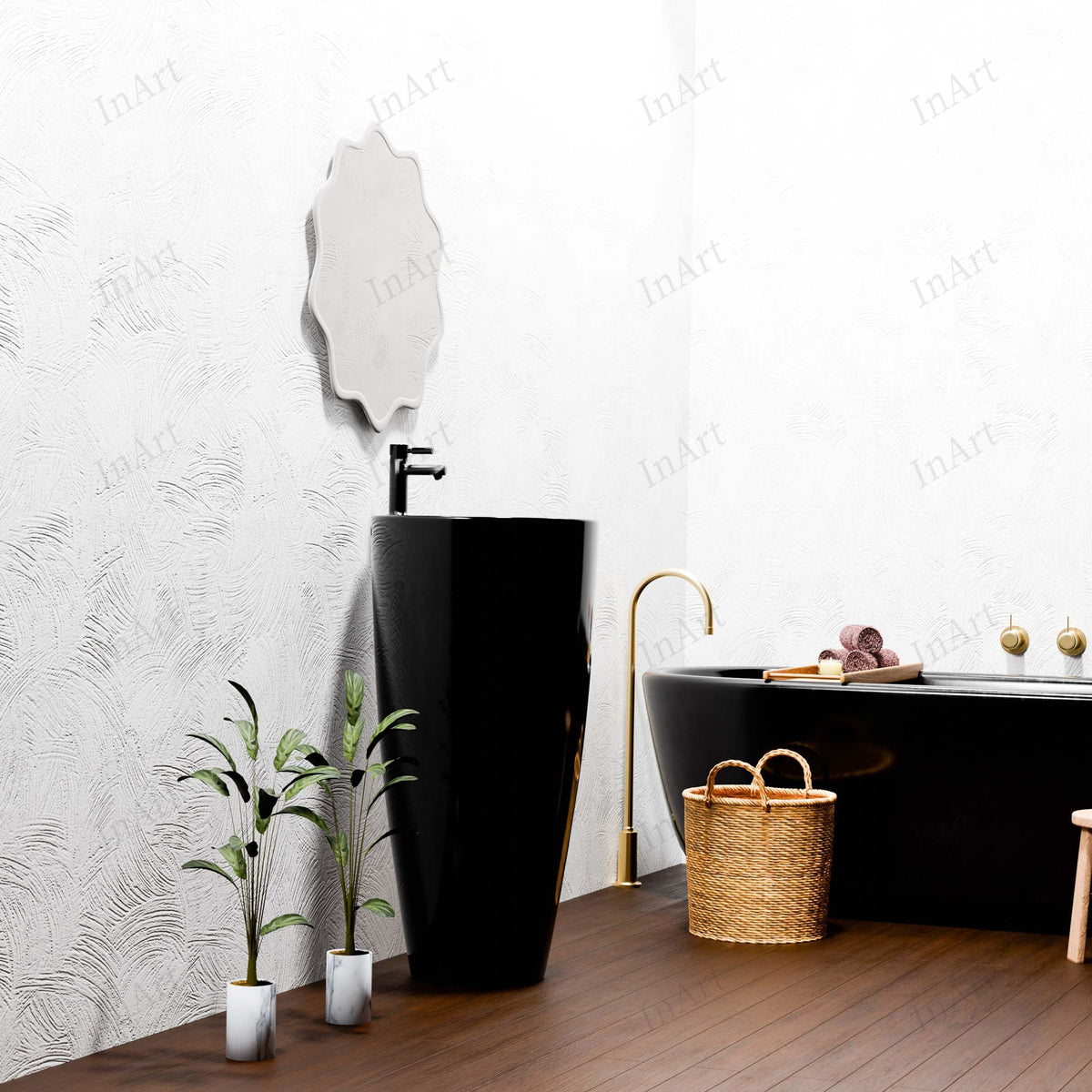 InArt Basin Pedestal Sink - Circular Bathroom Standing Sink Black 38x38 CM, additional product view 4