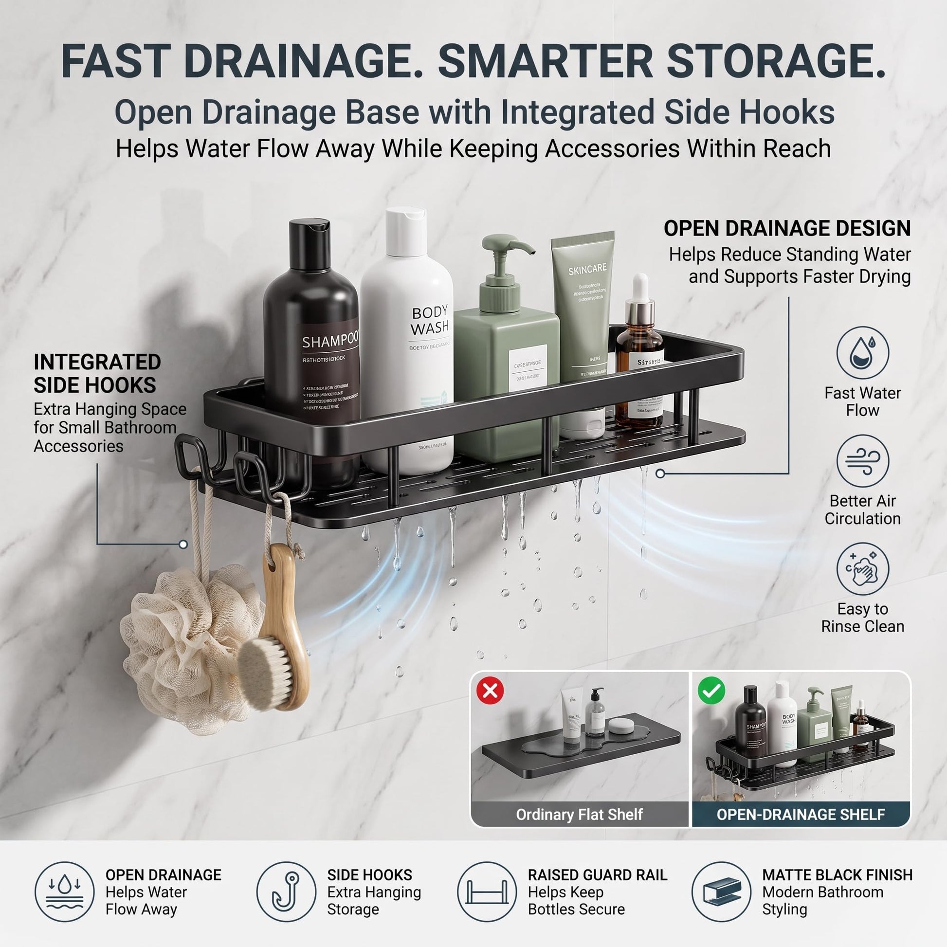 Open-drainage aluminum shower shelf with raised guard rail