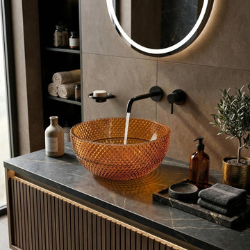 InArt Amber Orange Glass Vessel Sink for Countertop Bathrooms, 13.4 Inch