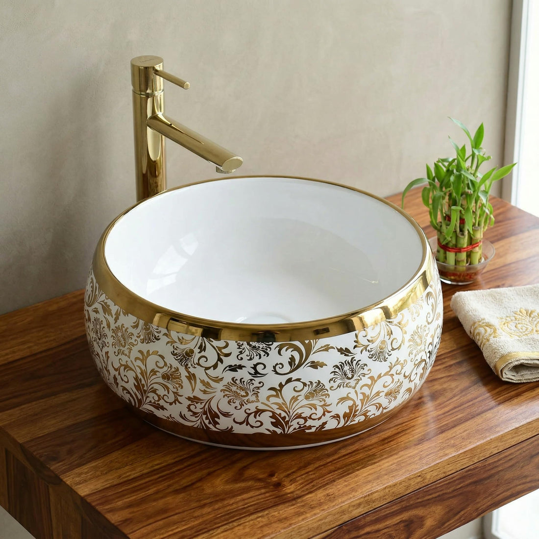 White and Gold Round Ceramic vessel bathroom sink