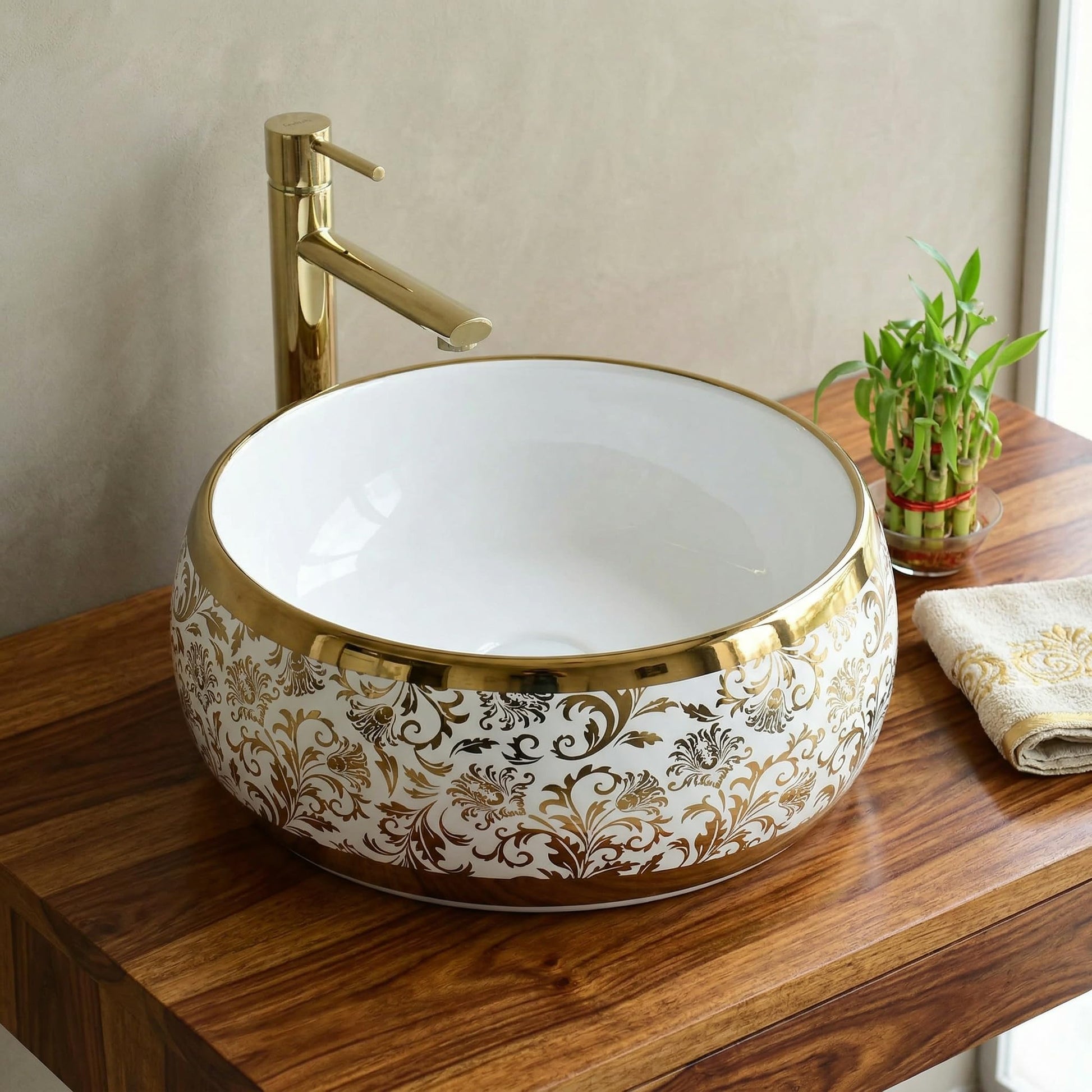 White and Gold Round Ceramic vessel bathroom sink