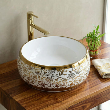 White and Gold Round Ceramic vessel bathroom sink