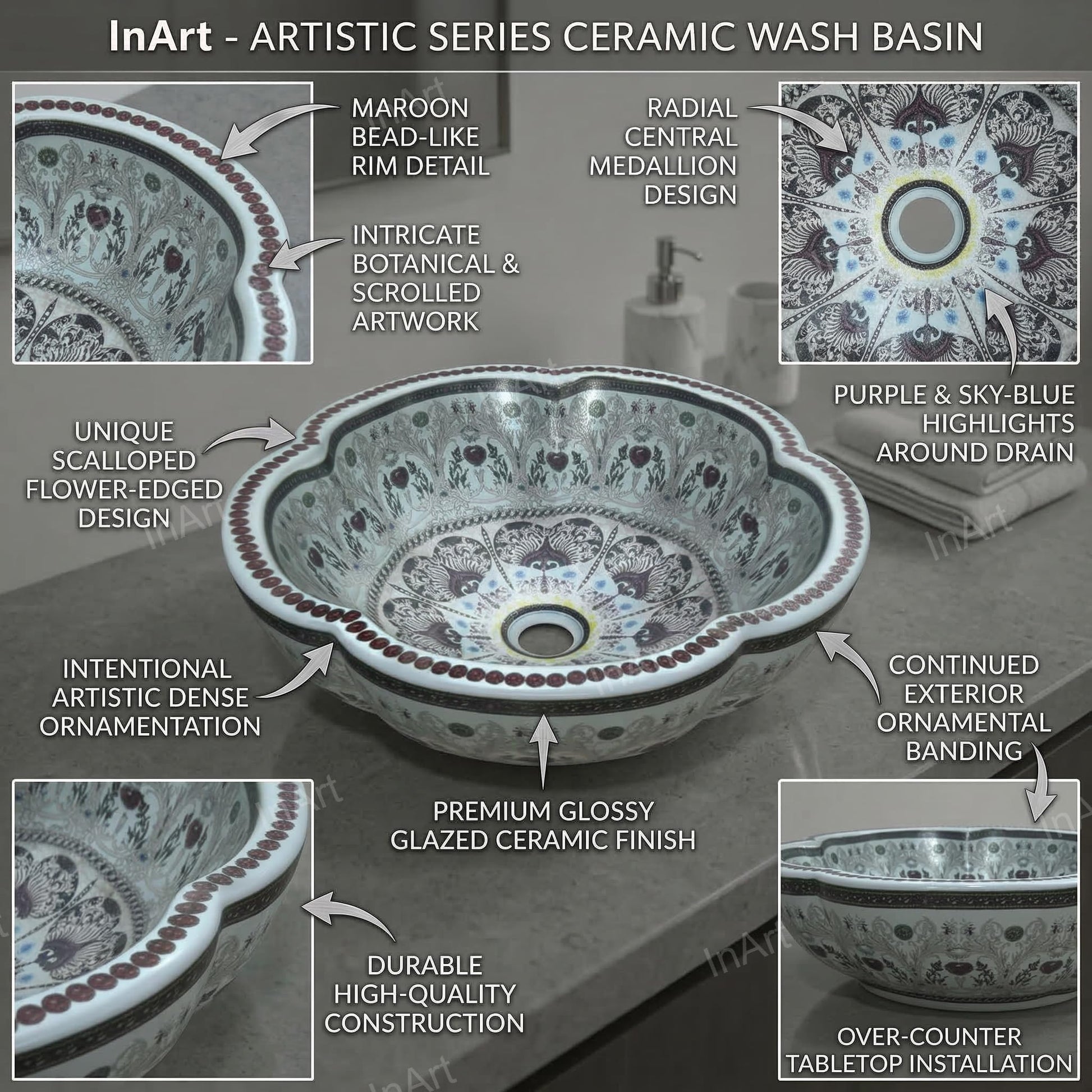 InArt Vessel Sinks for Bathroom 16" – Ceramic, Glossy Aqua Pattern, Scalloped Rim, additional product view 3