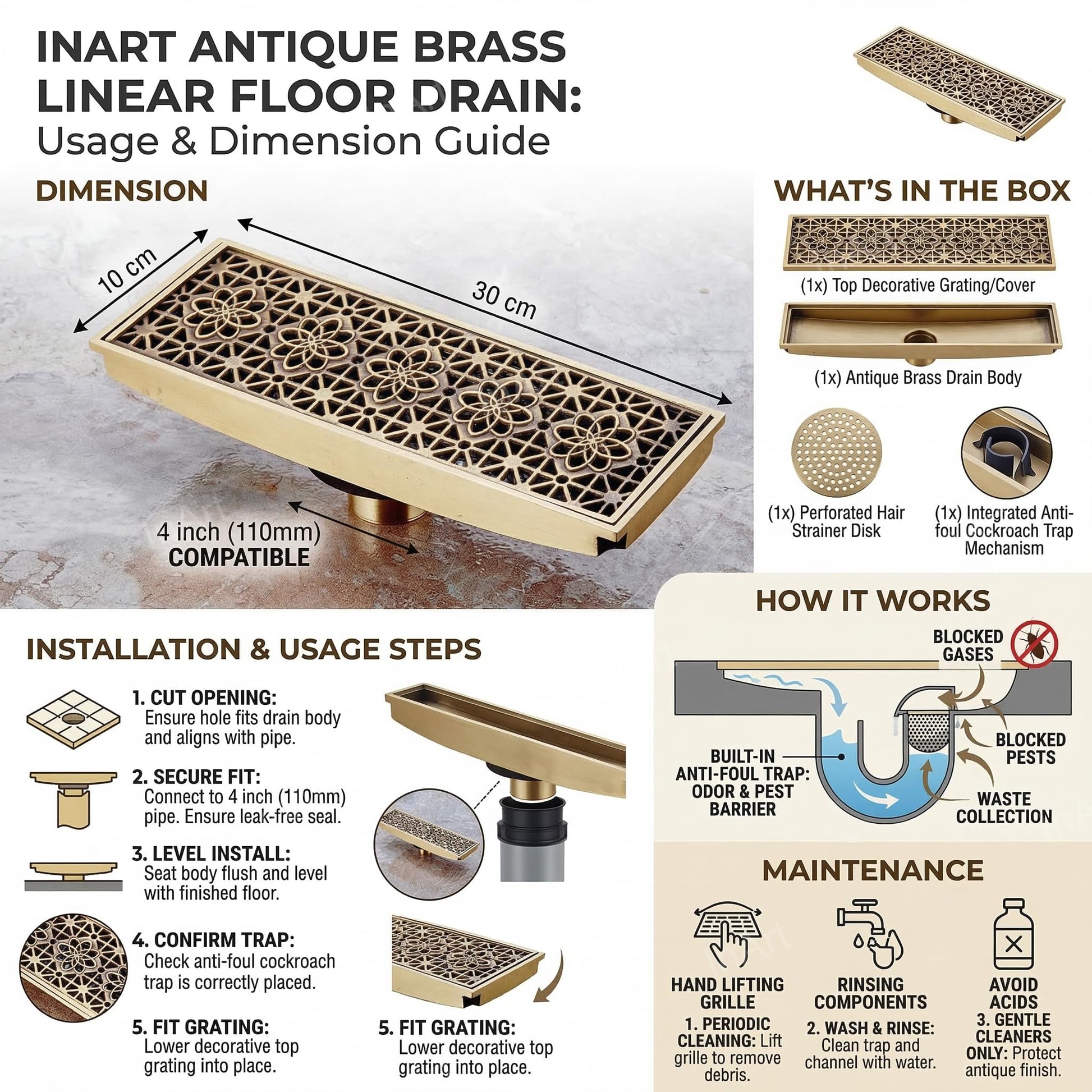 InArt 12 x 4 Inch Square Brass Shower Drain with Removable Strainer Grate, additional product view 6