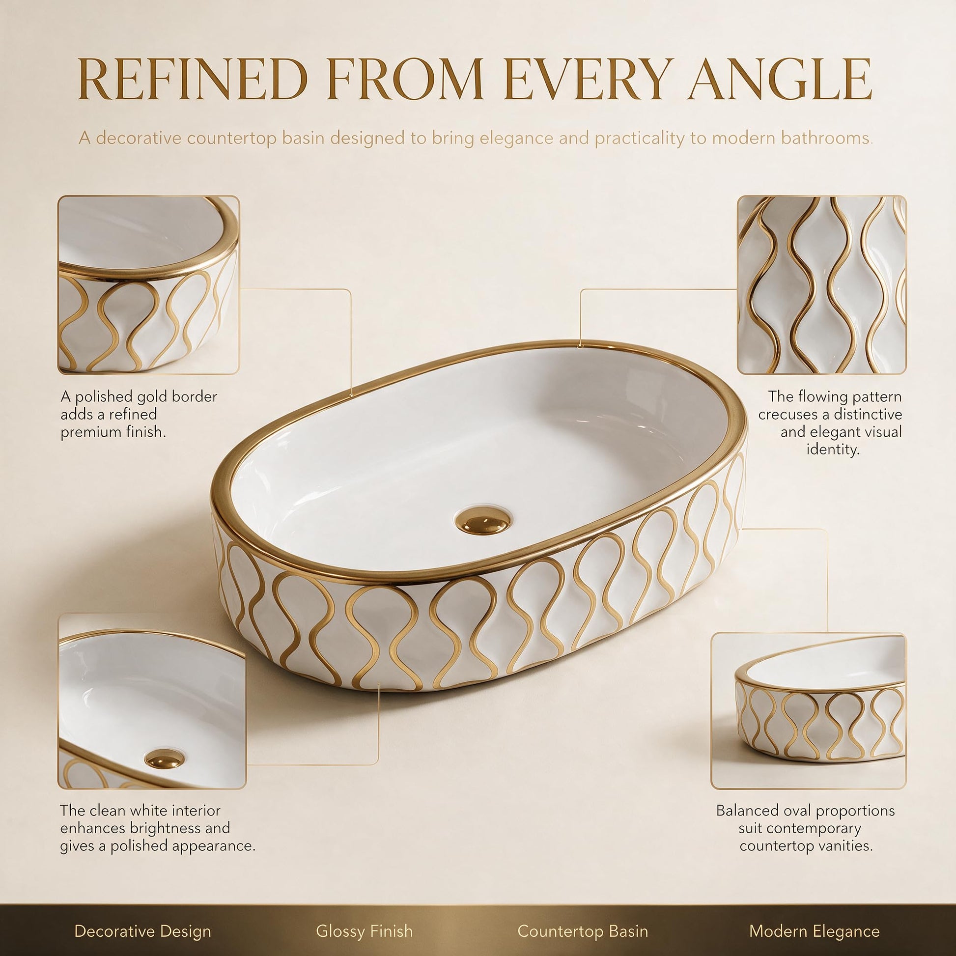 White and Gold Oval Ceramic vessel bathroom sink, additional product view 8