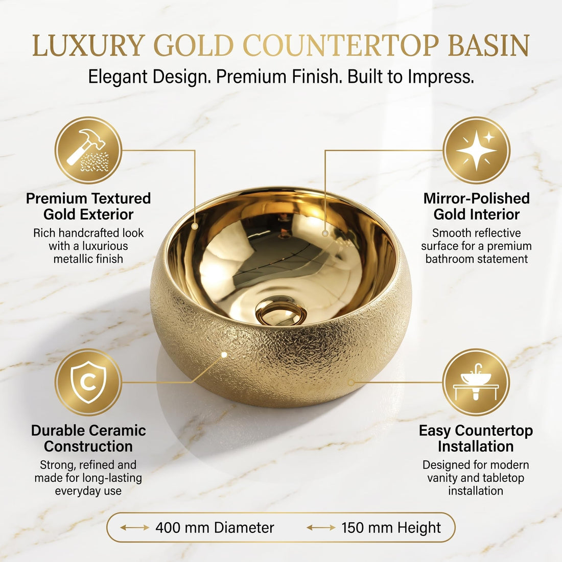 InArt Round Bathroom Ceramic Vessel Sink Art Basin in Gold Color