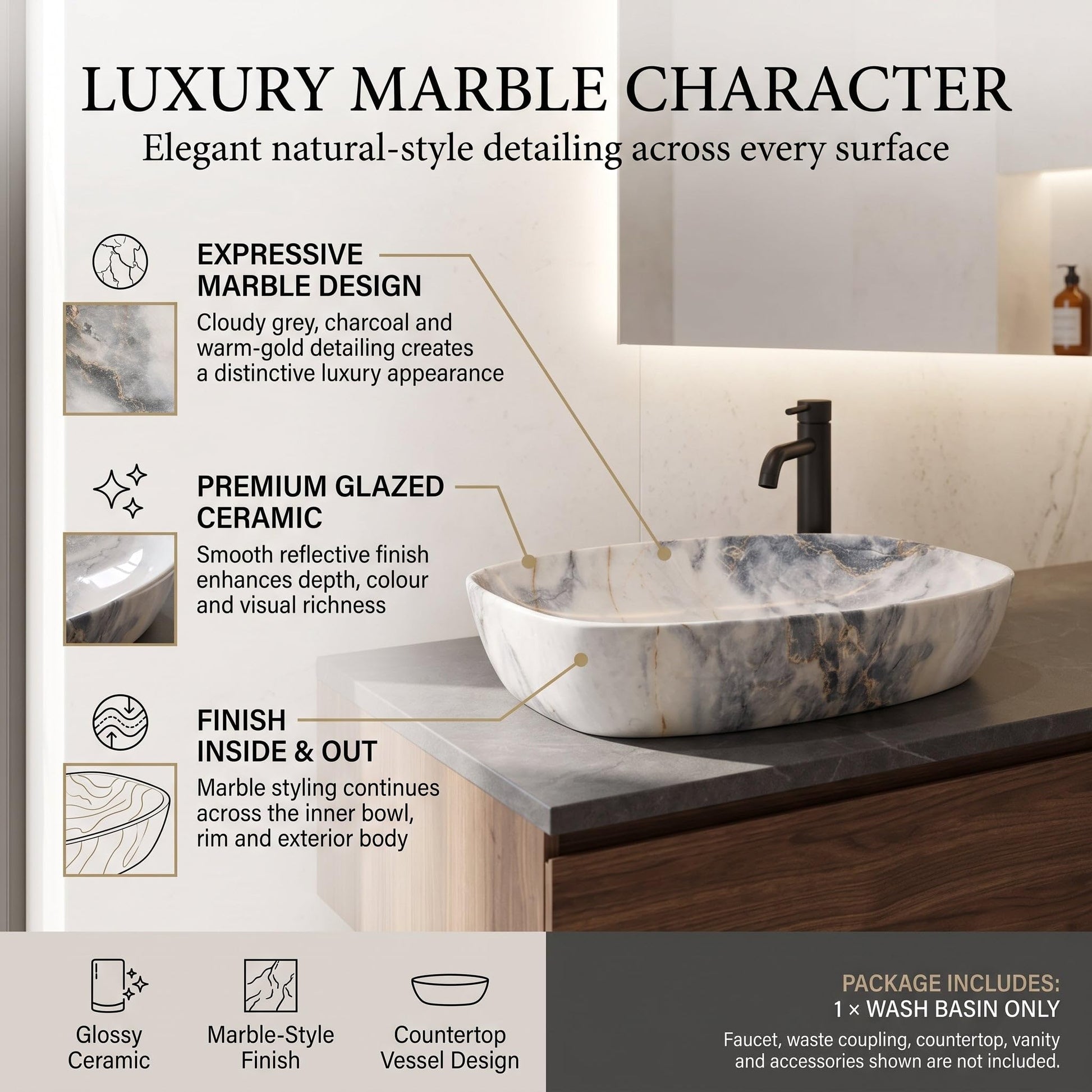 White, Blue and Gold Rectangular Ceramic vessel bathroom sink, additional product view 3