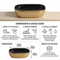 Vessel sink in bathroom close-up of rectangular bowl interior, ceramic vessel sink with black and gold glaze