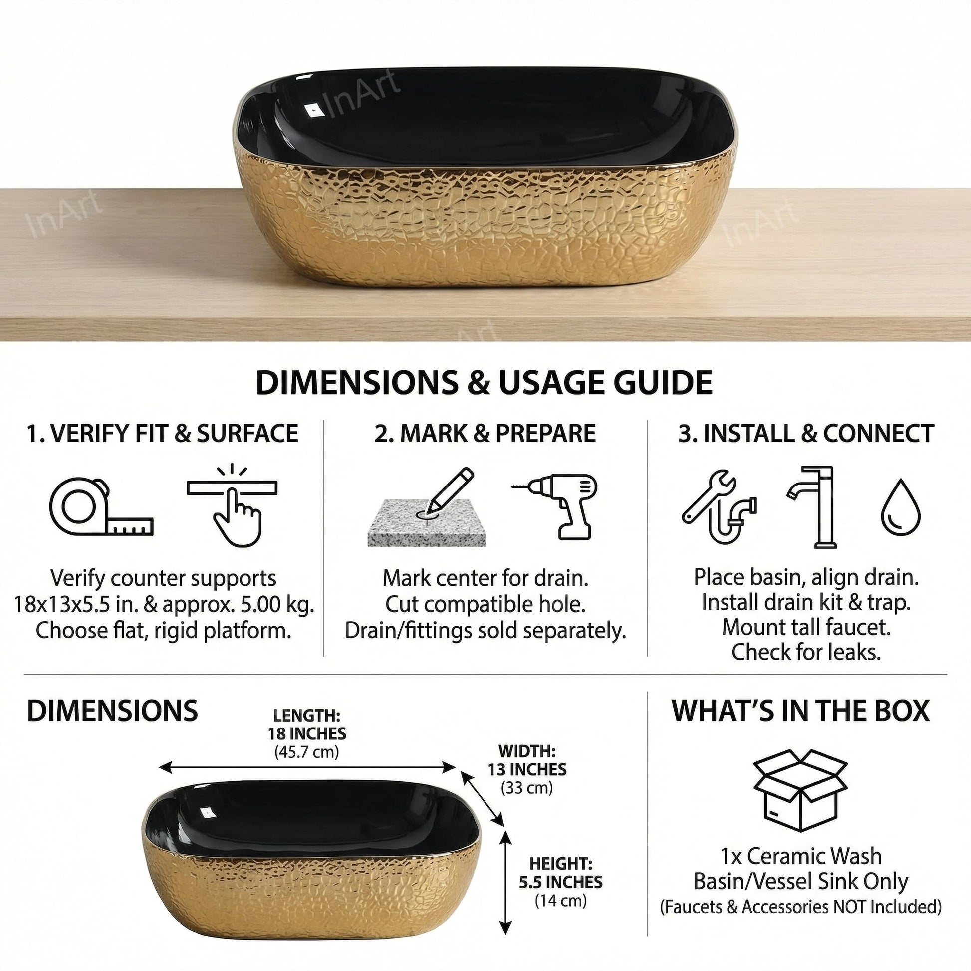 Vessel sink in bathroom close-up of rectangular bowl interior, ceramic vessel sink with black and gold glaze
