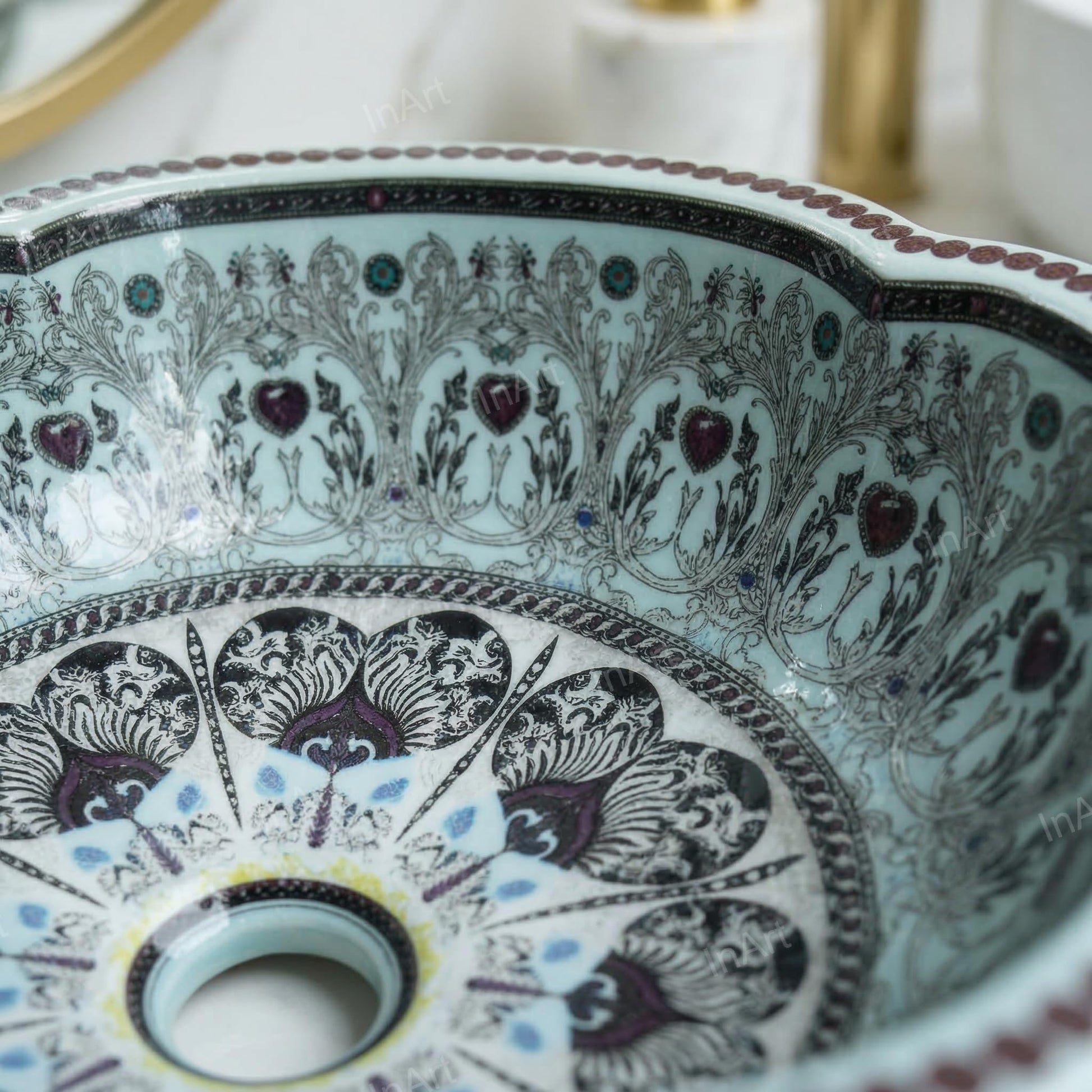 InArt Vessel Sinks for Bathroom 16" – Ceramic, Glossy Aqua Pattern, Scalloped Rim, additional product view 5
