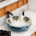Vanity bath light with InArt blue floral ceramic round vessel sink, Moroccan countertop wash basin 41cm