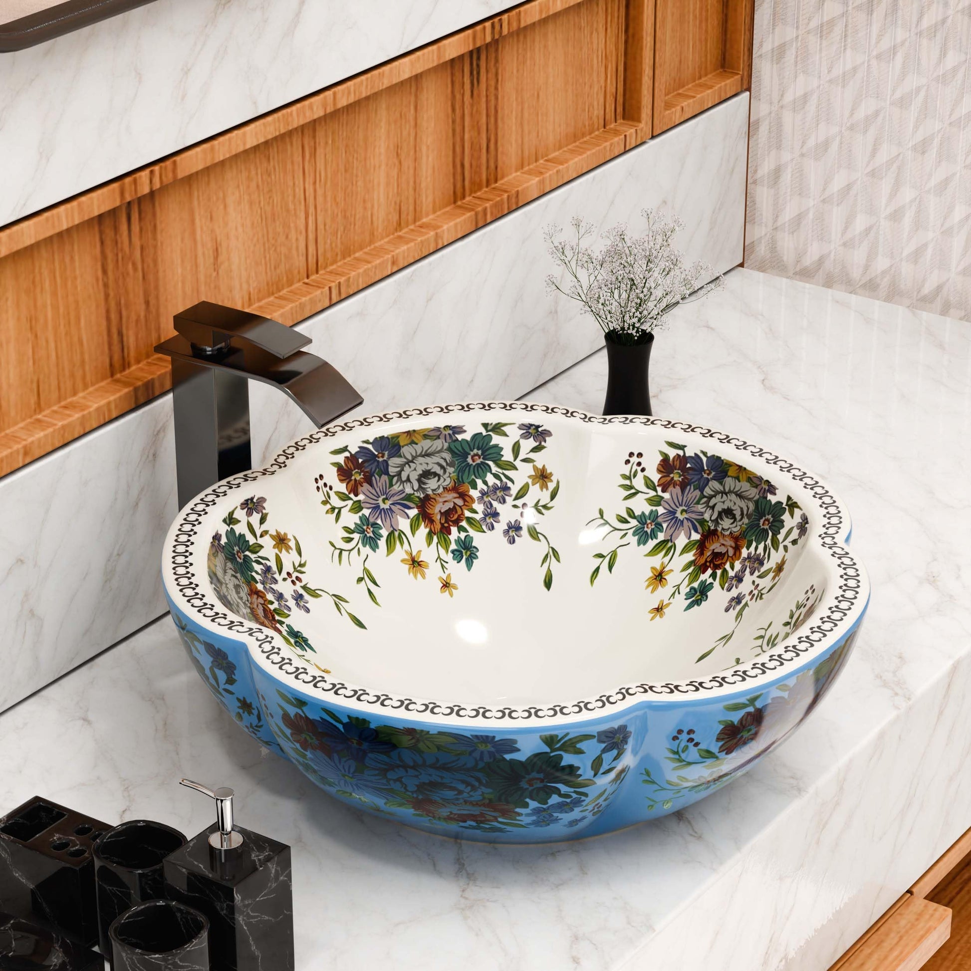 Vanity bath light with InArt blue floral ceramic round vessel sink, Moroccan countertop wash basin 41cm