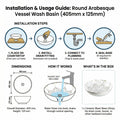 Vessel sink in bathroom vanity setup, round white ceramic above counter sink with gold accent and faucet
