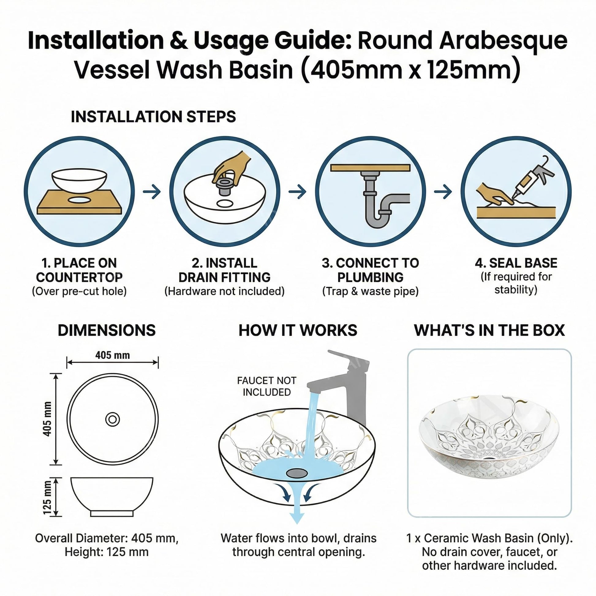 Vessel sink in bathroom vanity setup, round white ceramic above counter sink with gold accent and faucet