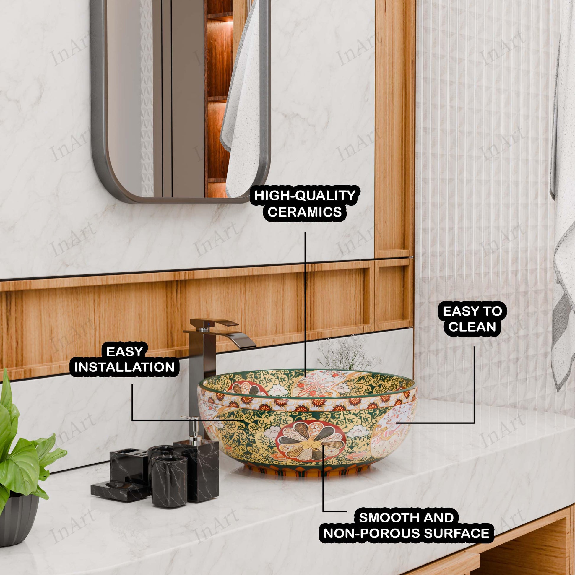 InArt Vessel Sinks for Bathrooms 16.5" – Ceramic, Glossy Green, Patterned Glaze, additional product view 6