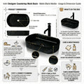 Counter top sink drain detail, matte black marble ceramic rectangular vessel sink with smooth glazed interior