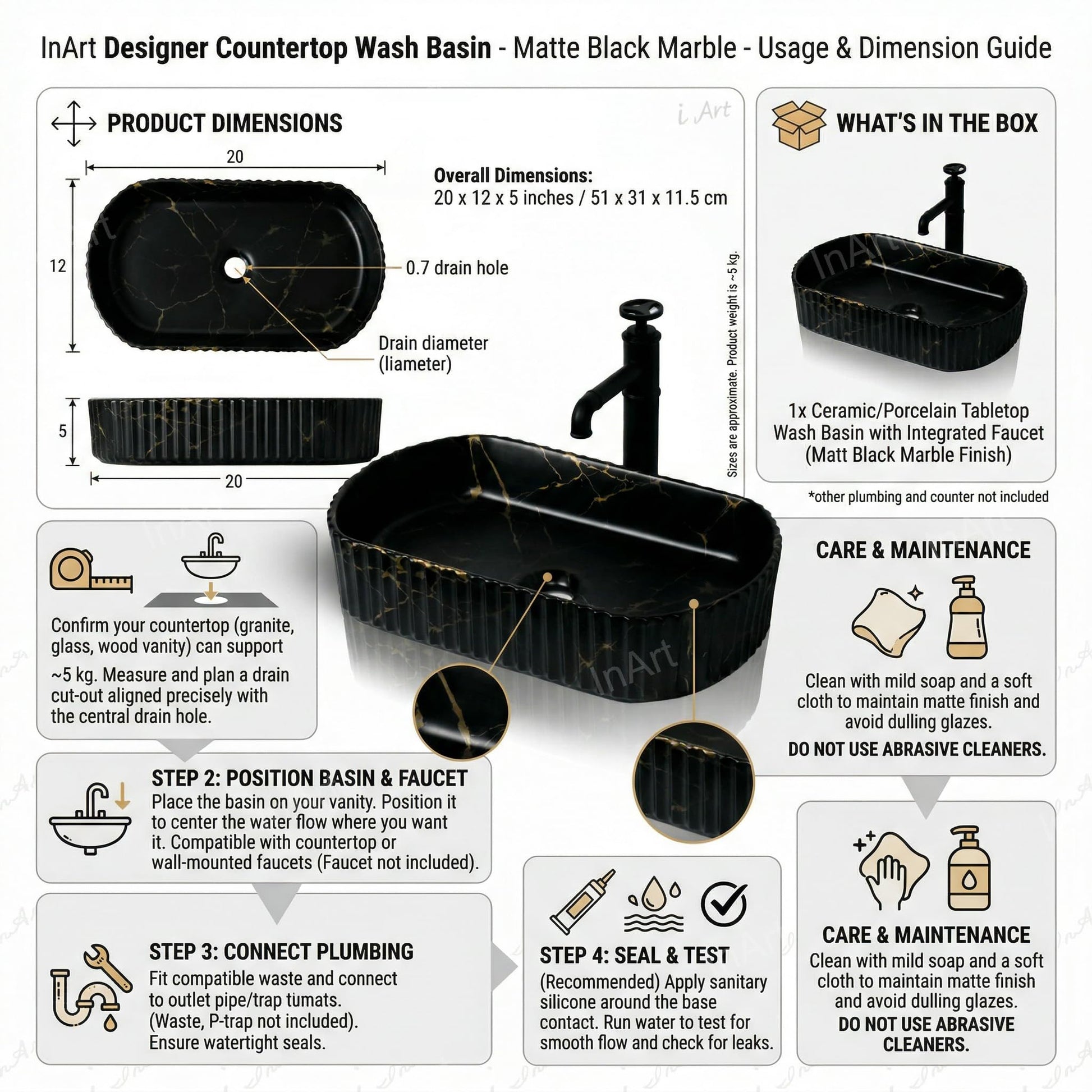 Counter top sink drain detail, matte black marble ceramic rectangular vessel sink with smooth glazed interior
