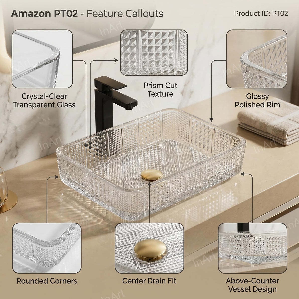 InArt Clear Rectangular Crystal Glass Vessel Sink for Countertop Bathrooms, 17.5 Inch, additional product view 3