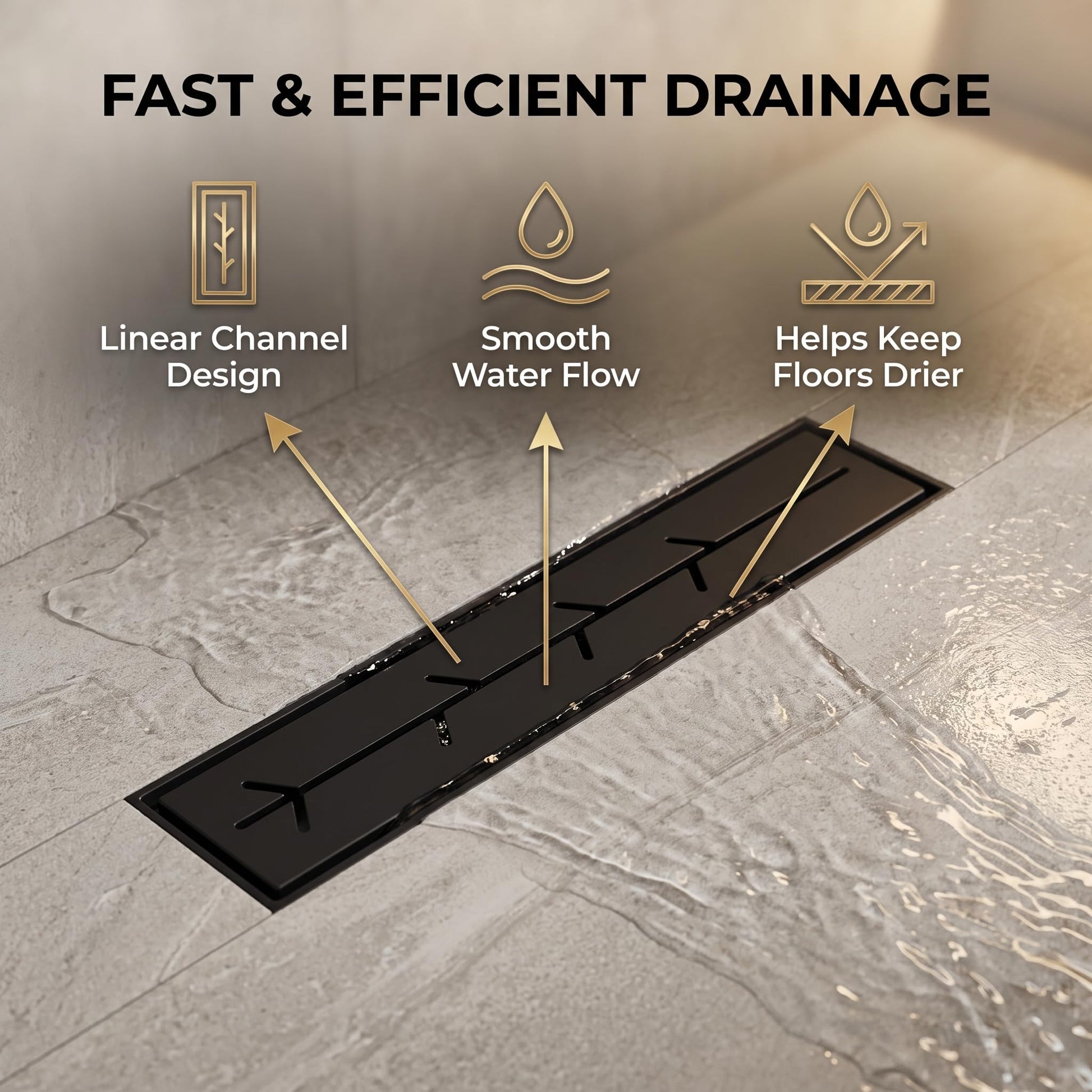 Matte black linear floor drain installed in a modern shower setting