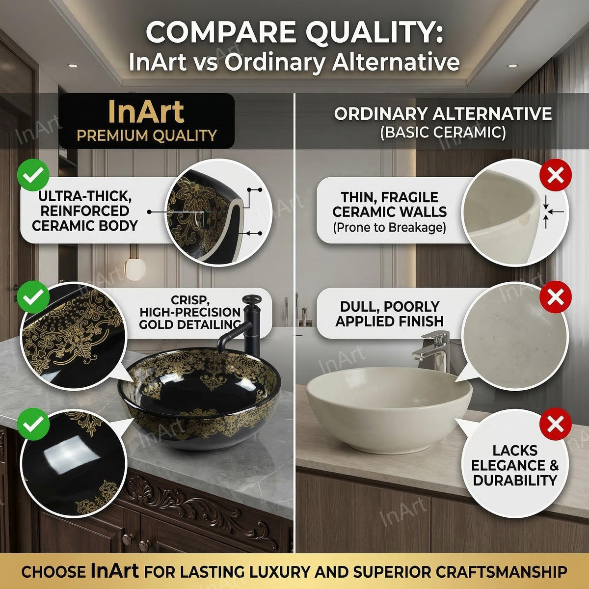 InArt Glossy Black Ceramic Round Vessel Sink – Above Counter, 16" Gold Pattern, additional product view 7