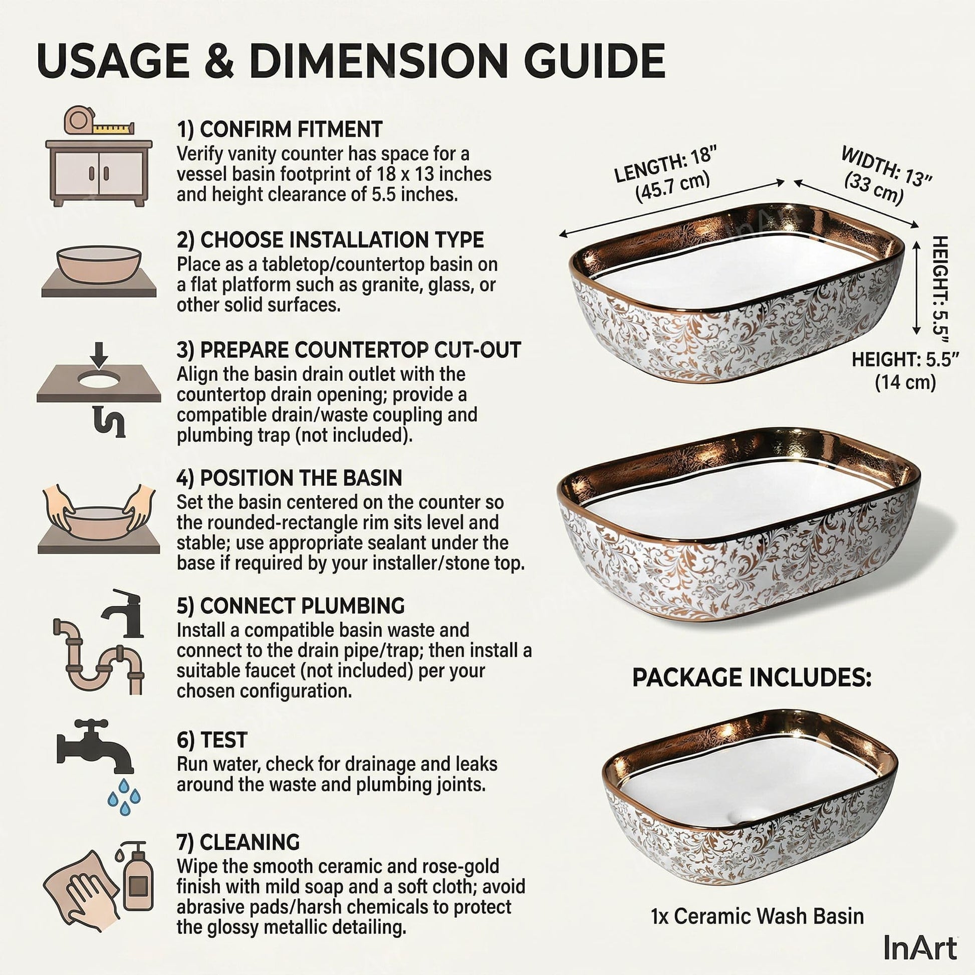 Drain opening detail on ceramic wash basin, rose gold rectangular vessel sink for bathroom countertop