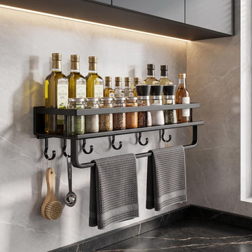 InArt matte black wall-mounted spice rack with towel bar and four hooks