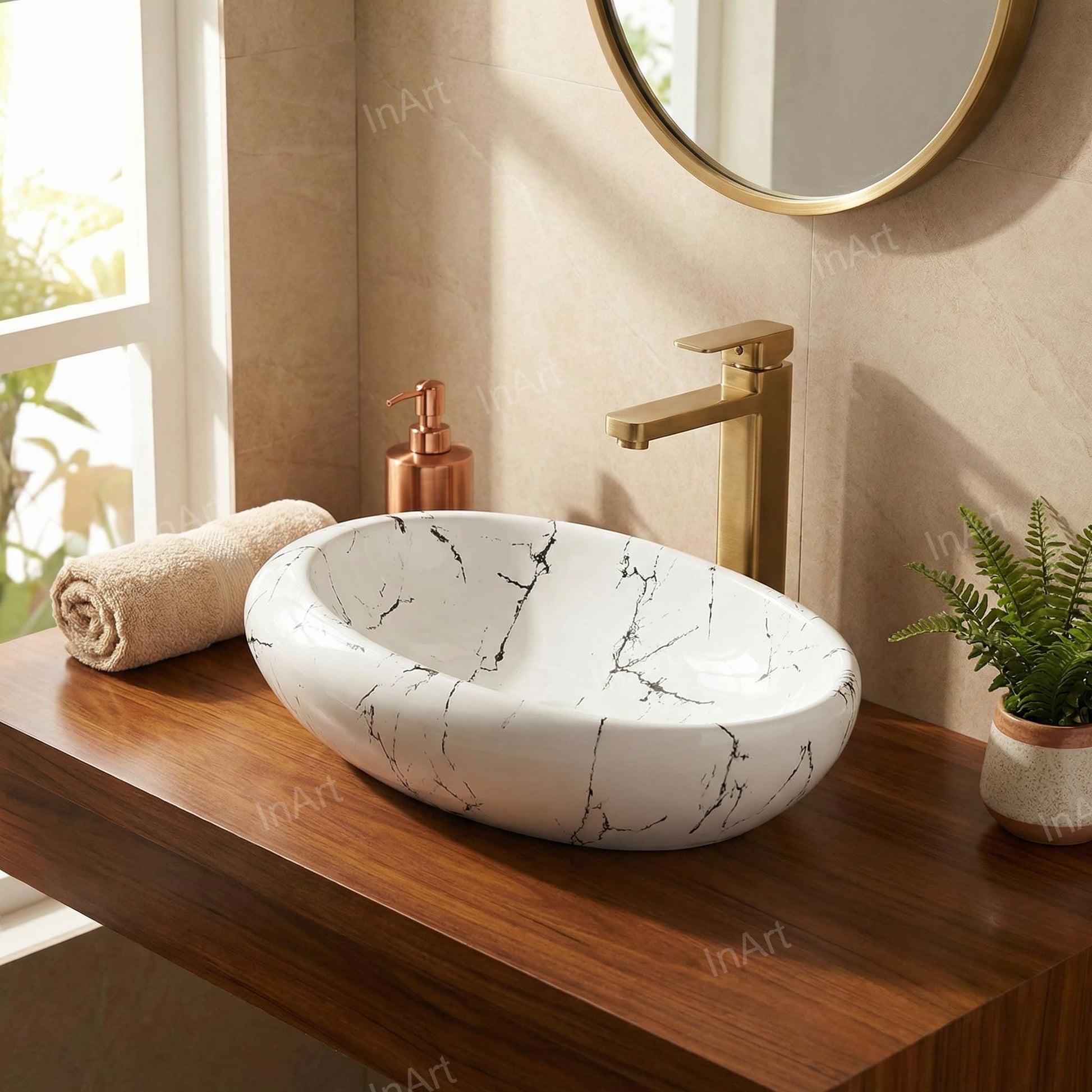 Vessel sink on vanity close-up of glossy white and gray marble finish, rectangular ceramic wash basin